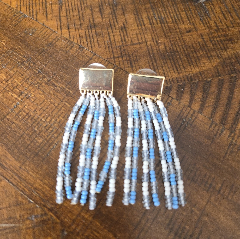 Gold-Tone Blue & White Beaded Earrings